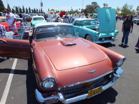 Copper two-seat classic hardtop with hood scoop, front three-quarter view