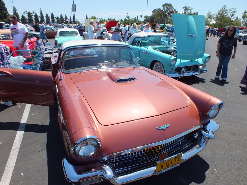 Copper two-seat classic hardtop with hood scoop, front three-quarter view