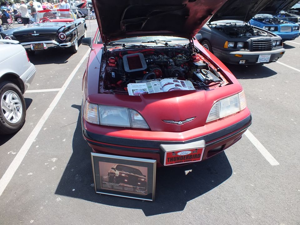 Front view of dark red coupe with hood up showing engine bay at car show