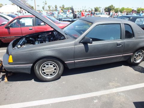 Side view of textured charcoal gray coupe with hood up at car show