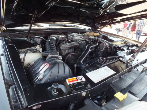 Close-up of a clean engine bay under a raised black hood