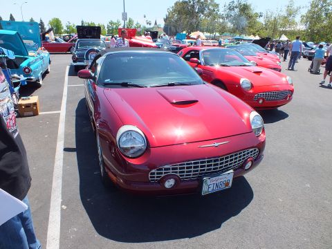 Dark red Ford Thunderbird convertible with California plate FTNBR