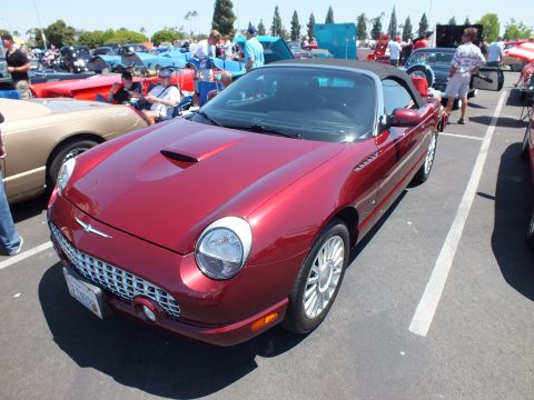 Dark red Ford Thunderbird convertible with black top at a car show