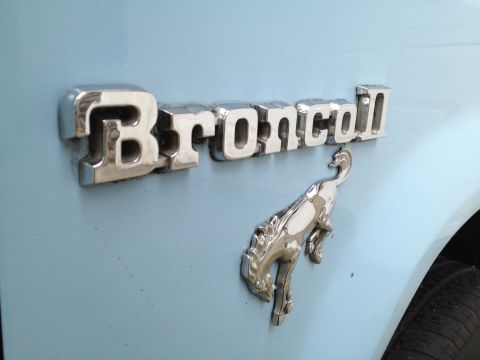 1985 Ford Bronco II - Close-up of the Bronco II emblem and horse mascot on a light blue vehicle.