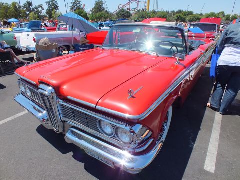 Red 1959 Edsel convertible front three-quarter view at a car show