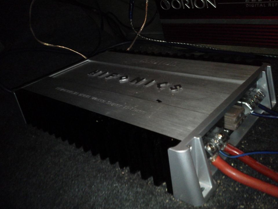 Car amplifier with "HYPERION" logo, connected to red and blue wires