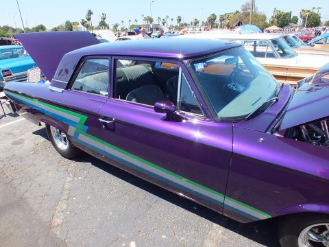 Purple custom classic sedan side profile with green and blue stripe