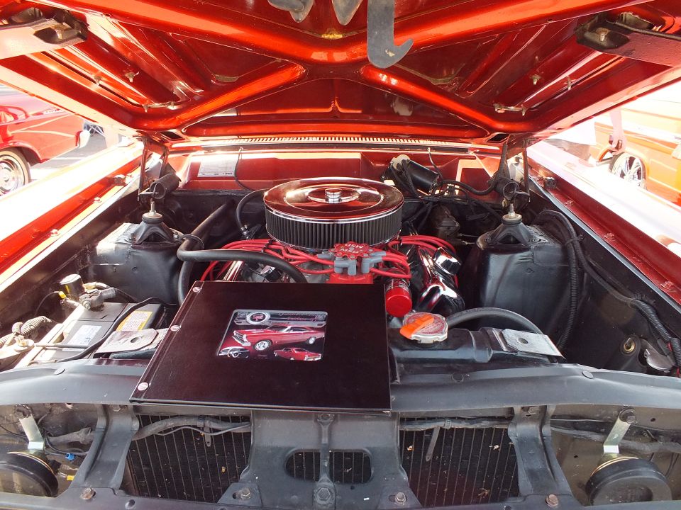 Engine bay with chrome air cleaner and red plug wires under open hood