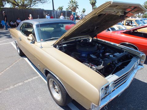 Gold two-door classic coupe with vinyl roof and open hood at outdoor car show