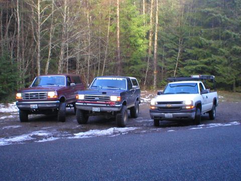 1978 Ford Bronco - Three SUVs are parked in a wooded area, with a 1995 Ford Bronco prominently featured.