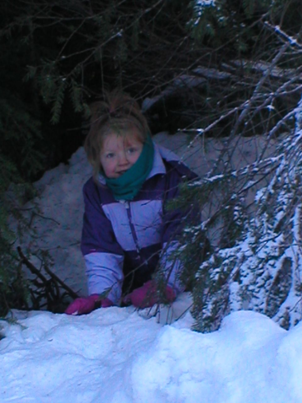 Child in snow wearing a green scarf and purple snowsuit