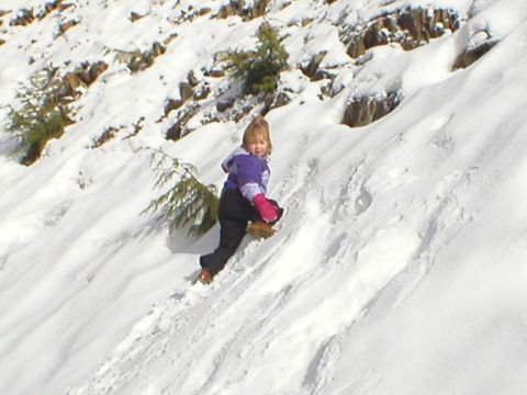 1978 Ford Bronco - A child plays on a snow-covered slope, with a small evergreen tree nearby.