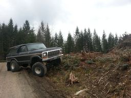 1979 Ford Bronco - This lifted Ford Bronco is navigating a rough, wooded terrain with a cloudy sky overhead.