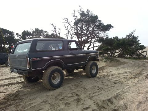 1979 Ford Bronco - A dark-colored SUV with large off-road tires is parked on a sandy terrain with trees in the background.