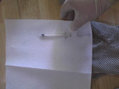 2003 Ford Crown Victoria - A gloved hand holds a syringe over paper towels on a wooden surface.