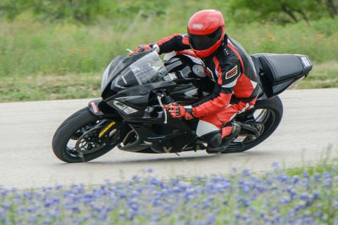 2001 Kawasaki KZ1000-A1 - Rider in full gear navigates a turn on a black sportbike with blue flowers in the foreground.