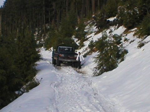 1978 Ford Bronco - A person stands by a dark pickup truck as it navigates a snowy, wooded mountain path.