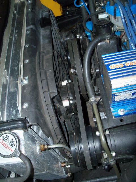 1979 Ford Ranchero - Pic shows PVC spacers used to clearance Lincoln Mark VIII fan motor, this motor is larger with a higher speed than the original Windstar mo…