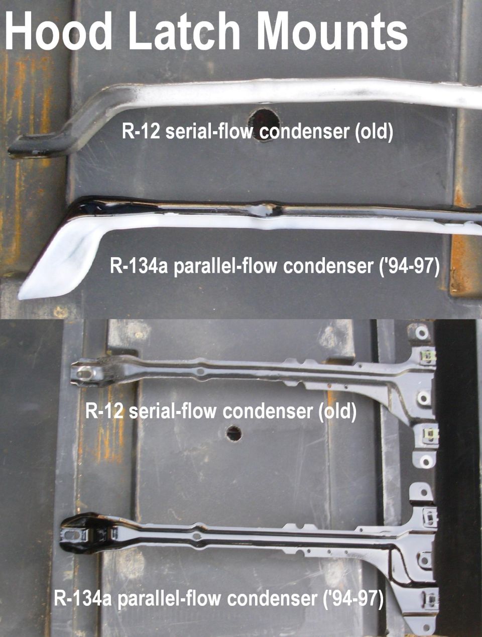 Comparison of R-12 and R-134a hood latch mount brackets with labels