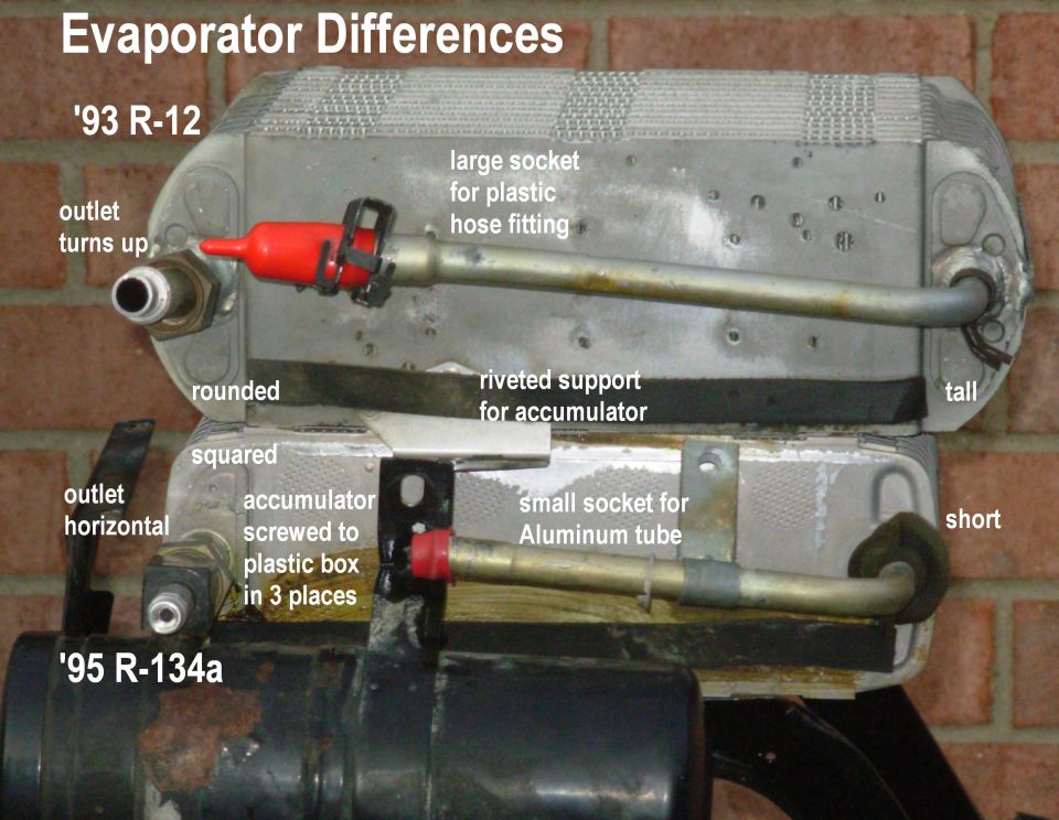 Two AC evaporator units compared with labels for R-12 and R-134a differences.