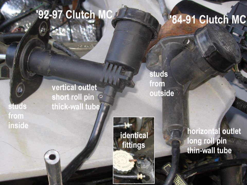 Two black clutch master cylinders compared with labeled differences in outlet, roll pin, and tube