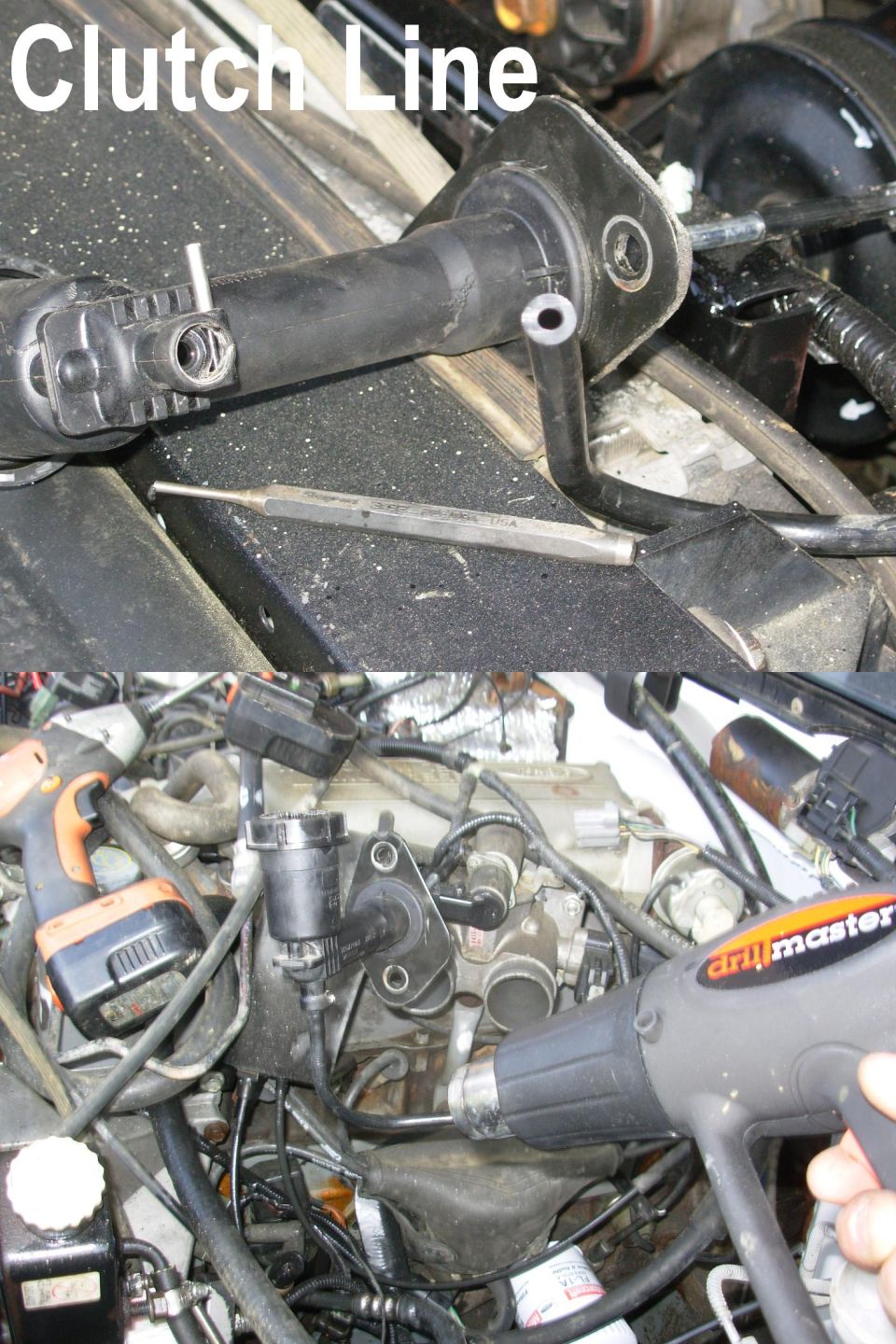 The clutch line is retained by a roll pin, and the nylon tube can be bent using a heat gun.