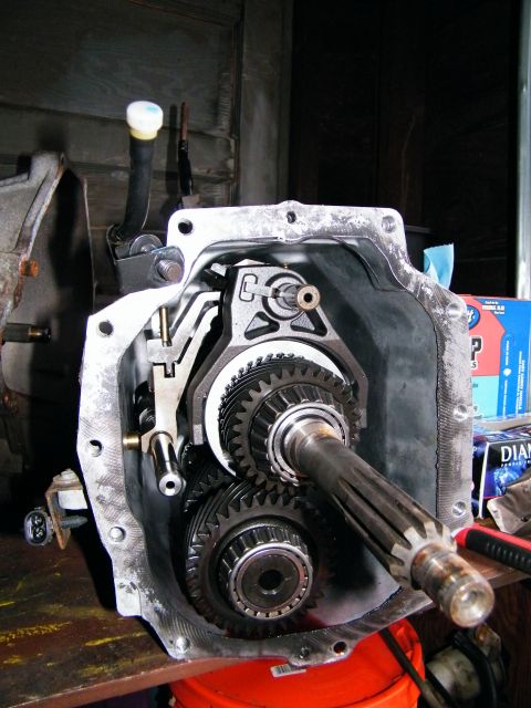 2004 Ford Crown Victoria - Close-up view of internal transmission components, including gears and shift mechanisms.