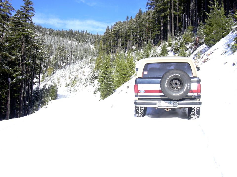 Tan and red two-tone SUV with rear tire carrier driving a snowy forest road