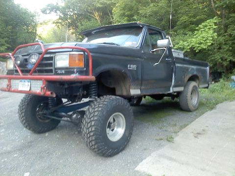 1995 Ford F-150 - This modified 1995 Ford F-150 features a prominent red bull bar and significant suspension lift.