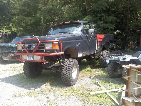 1995 Ford F-150 - This lifted 1995 Ford F-150 features a prominent red bull bar and aggressive off-road tires.