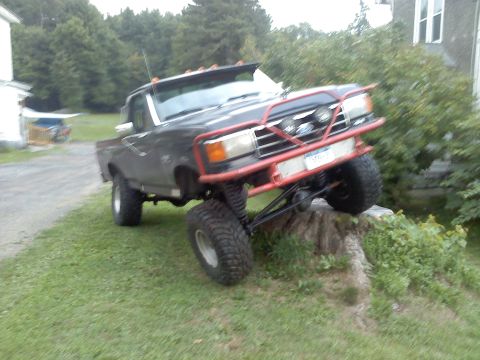 1995 Ford F-150 - This modified 1995 Ford F-150 pickup truck is shown with its front tires elevated on a tree stump.