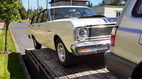 1966 Ford Falcon - This 1966 Ford Falcon wagon is being transported on a trailer.