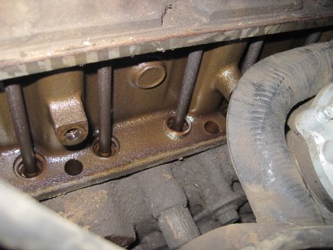 1989 Ford Bronco - Close-up view of an engine block with pushrods, showing oil residue and a hose.