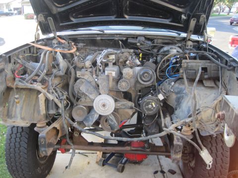 1989 Ford Bronco - The engine bay of a vehicle, showing the V8 engine and associated components.