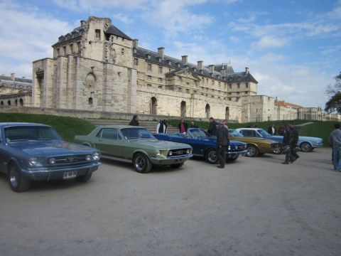 1991 Ford LTD Crown Victoria - A lineup of vintage Ford Mustangs is displayed in front of a historic castle-like structure under a partly cloudy sky.