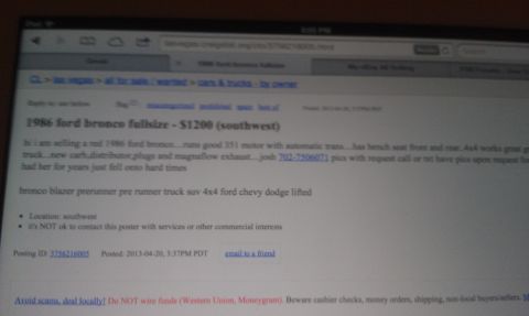1985 Ford Bronco - Online ad lists a 1986 Ford Bronco fullsize for sale at $1200.
