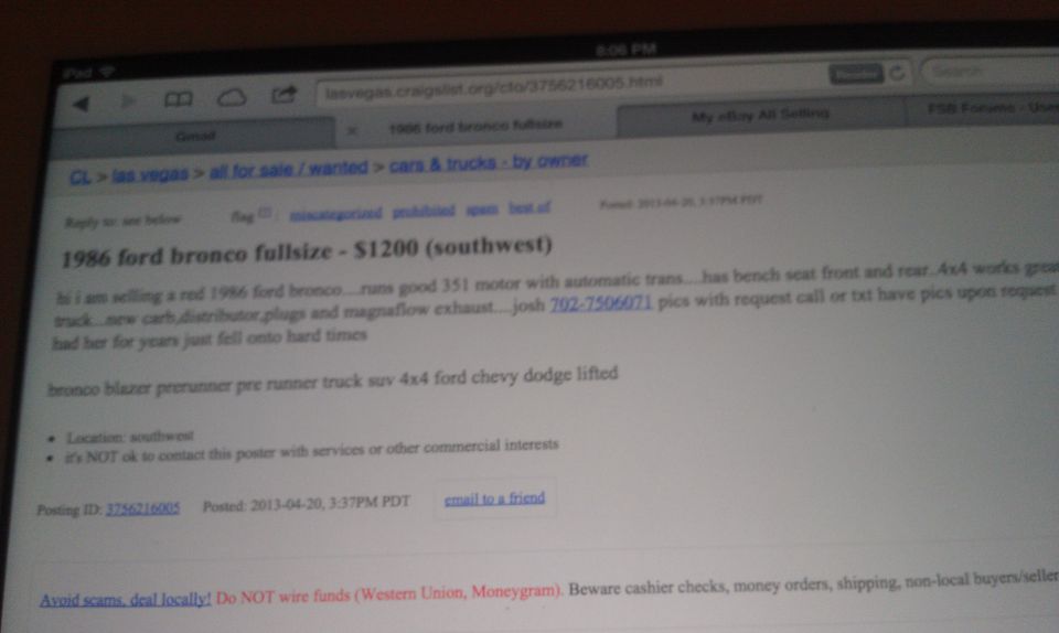 Craigslist ad for a 1986 Ford Bronco fullsize for $1200