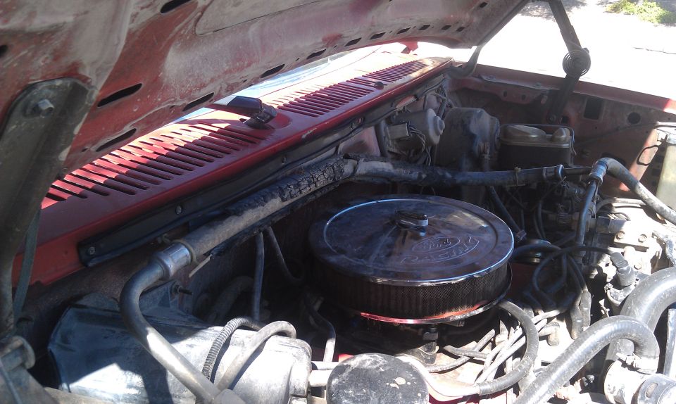 Red engine bay with air cleaner and hoses visible