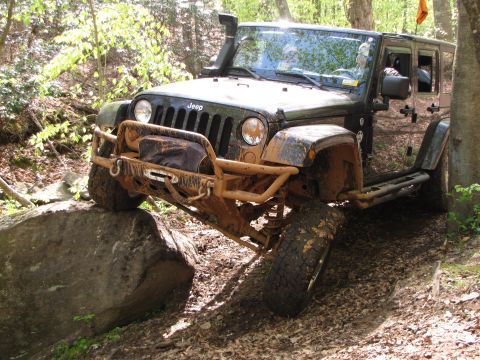 1979 Ford Bronco - This Jeep Wrangler is navigating a rocky obstacle on a wooded trail, showing its off-road capabilities.