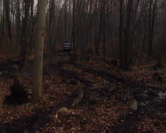 Muddy rutted trail through bare winter woods with a white truck parked in the distance