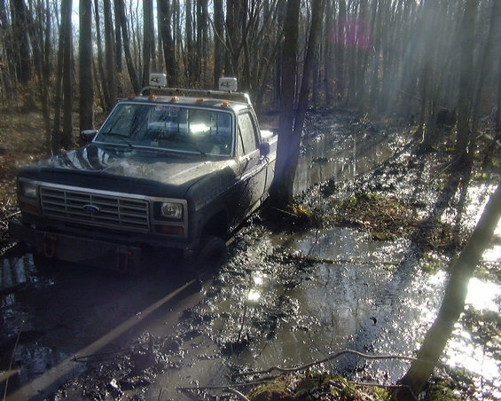 Dark Ford F-150 pickup stuck bumper-deep in a flooded muddy trail in the woods