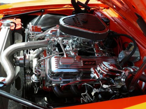 1968 Chevrolet Camaro - The 427 engine is a prominent feature of this 1968 Chevrolet Camaro, its polished chrome components.