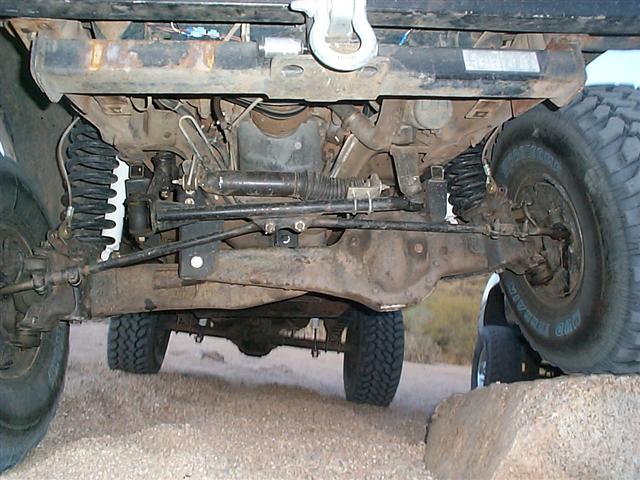 Underside of lifted 4x4 front axle with coil springs, steering linkage and mud tires