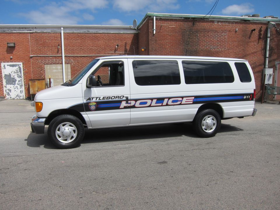 White Attleboro Police Ford E-Series van, side profile