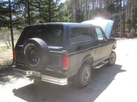 1993 Ford Bronco - This black 1993 Ford Bronco is seen from a 3/4 front angle with its hood popped open.