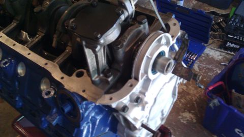 1973 Ford Torino - Close-up view of an engine block during a motor rebuild, showing internal components like the crankshaft and connecting rods.