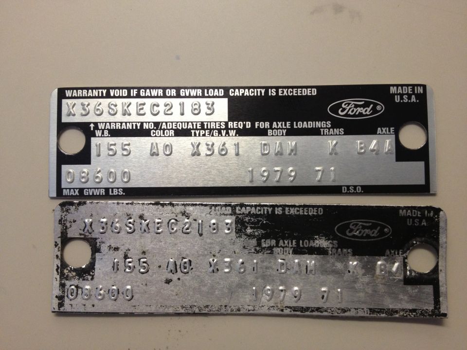 New and original Ford truck warranty plates X36SKEC2183, 1979, with W.B., color, body, trans and axle codes