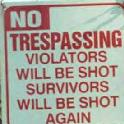 1998 Mercury Sable - A humorous and threatening sign warns against trespassing with a dark joke about survivors.