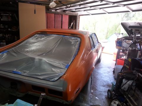 1973 Chevrolet Nova - This 1973 Chevrolet Nova is being prepped for a new paint job in a garage setting.