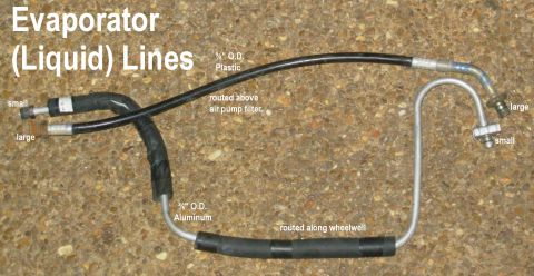 1983 Ford Bronco - Evaporator Line Differences R-12 liquid lines are routed directly from the condenser outlet to the evaporator inlet (high), and are plastic…